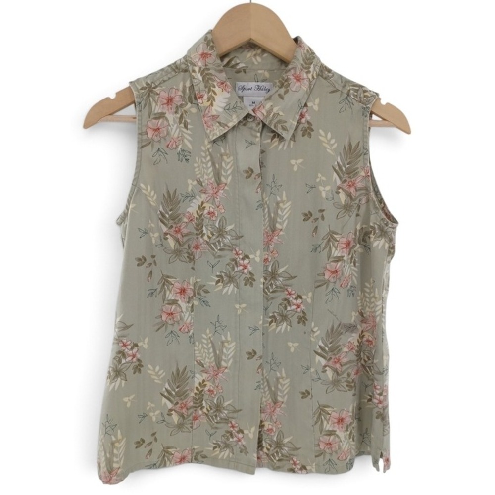 Vintage 100% Silk Blouse Women M Sage Green Floral Sleeveless Button Down Top